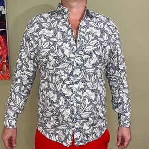 Navy Blue & White Flower Print Button Down Shirt